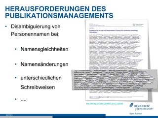 HERAUSFORDERUNGEN DES
PUBLIKATIONSMANAGEMENTS
SEITE 5
•  Disambiguierung von
Personennamen bei:
•  Namensgleichheiten
•  Namensänderungen
•  unterschiedlichen
Schreibweisen
•  ....
http://doi.org/10.1080/15548627.2015.1100356
 