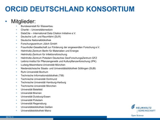ORCID DEUTSCHLAND KONSORTIUM
•  Mitglieder:
•  Bundesanstalt für Wasserbau
•  Charité – Universitätsmedizin
•  DataCite – International Data Citation Initiative e.V.
•  Deutsche Luft- und Raumfahrt (DLR)
•  Deutsche Nationalbibliothek
•  Forschungszentrum Jülich GmbH
•  Fraunhofer-Gesellschaft zur Förderung der angewandten Forschung e.V.
•  Helmholtz-Zentrum Berlin für Materialien und Energie
•  Helmholtz-Zentrum für Infektionsforschung
•  Helmholtz-Zentrum Potsdam Deutsches GeoForschungsZentrum GFZ
•  Leibniz-Institut für Pflanzengenetik und Kulturpflanzenforschung (IPK)
•  Ludwig-Maximilians-Universität München
•  Niedersächsische Staats- und Universitätsbibliothek Göttingen (SUB)
•  Ruhr-Universität Bochum
•  Technische Informationsbibliothek (TIB)
•  Technische Universität Dortmund
•  Technische Universität Hamburg-Harburg
•  Technische Universität München
•  Universität Bielefeld
•  Universität Bremen
•  Universität Duisburg-Essen
•  Universität Potsdam
•  Universität Regensburg
•  Universitätsbibliothek Gießen
•  Universitätsbibliothek Mainz
SEITE 51
 