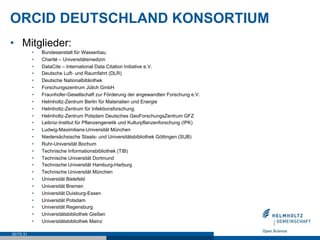 ORCID DEUTSCHLAND KONSORTIUM
•  Mitglieder:
•  Bundesanstalt für Wasserbau
•  Charité – Universitätsmedizin
•  DataCite – ...