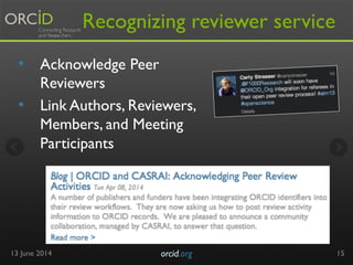 Recognizing reviewer service 
• Acknowledge Peer 
Reviewers 
• Link Authors, Reviewers, 
Members, and Meeting 
Participants 
13 June 2014 orcid.org! 15 
 