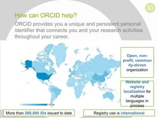How can ORCID help?
ORCID provides you a unique and persistent personal
identifier that connects you and your research activities
throughout your career.

Open, nonprofit, commun
ity-driven
organization
Website and
registry
localization for
multiple
languages in
process
More than 280,000 iDs issued to date

Registry use is international

 