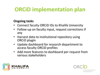 ORCiD implementation plan
Ongoing tasks
• Connect faculty ORCiD IDs to Khalifa University
• Follow-up on faculty input, request corrections if
any
• Harvest data to institutional repository using
ORCiD plugin
• Update dashboard for research department to
access faculty ORCiD profiles
• Add more features to dashboard per request from
various stakeholders
 