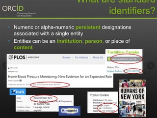 What are standard
identifiers?
• Numeric or alpha-numeric persistent designations
associated with a single entity
• Entities can be an institution, person, or piece of
content
 