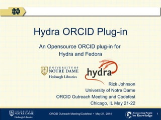 1
Hydra ORCID Plug-in
An Opensource ORCID plug-in for
Hydra and Fedora
Rick Johnson
University of Notre Dame
ORCID Outreach Meeting and Codefest
Chicago, IL May 21-22
ORCID Outreach Meeting/Codefest • May 21, 2014
1
 