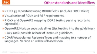 Other standards and identifiers
»RIOXX 54 repositories using RIOXX fields. (includes ORCID field)
»Visualisation of RCUK and REF requirements.
»RIOXX and OpenAIRE mapping (CORE testing passing records to
OpenAIRE)
»OpenAIRE/Horizon 2020 guidelines (Jisc feeding into the guidelines)
› July 2016: possible release of literature guidelines.
»COARVocabularies: ResourceTypes and mapping to a number of
languages. Version 1.1 will be released soon.
08/06/16 Copac Collection Management Tools 14
 