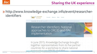 Sharing the UK experience
»http://www.knowledge-exchange.info/event/researcher-
identifiers
08/06/16 Title of presentation (Go to ‘View’ menu > ‘Header and Footer…’ to edit the footers on this slide) 3
 