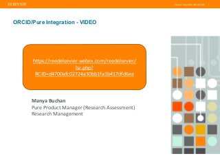 Elsevier Integration with ORCID |
ORCID/Pure Integration - VIDEO
h"ps://reedelsevier.webex.com/reedelsevier/
lsr.php?
RCID...