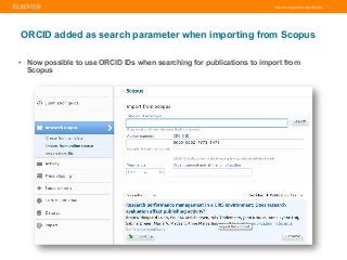Elsevier Integration with ORCID |
ORCID added as search parameter when importing from Scopus
•  Now possible to use ORCID ...