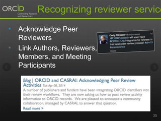 Recognizing reviewer service 
• Acknowledge Peer 
Reviewers 
• Link Authors, Reviewers, 
Members, and Meeting 
Participants 
35 
 