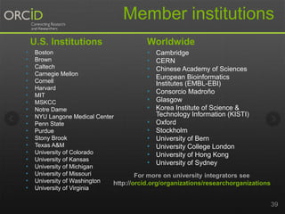 Member institutions 
U.S. Institutions 
• Boston 
• Brown 
• Caltech 
• Carnegie Mellon 
• Cornell 
• Harvard 
• MIT 
• MSKCC 
• Notre Dame 
• NYU Langone Medical Center 
• Penn State 
• Purdue 
• Stony Brook 
• Texas A&M 
• University of Colorado 
• University of Kansas 
• University of Michigan 
• University of Missouri 
• University of Washington 
• University of Virginia 
Worldwide 
• Cambridge 
• CERN 
• Chinese Academy of Sciences 
• European Bioinformatics 
Institutes (EMBL-EBI) 
• Consorcio Madroño 
• Glasgow 
• Korea Institute of Science & 
Technology Information (KISTI) 
• Oxford 
• Stockholm 
• University of Bern 
• University College London 
• University of Hong Kong 
• University of Sydney 
39 
For more on university integrators see 
http://orcid.org/organizations/researchorganizations 
 