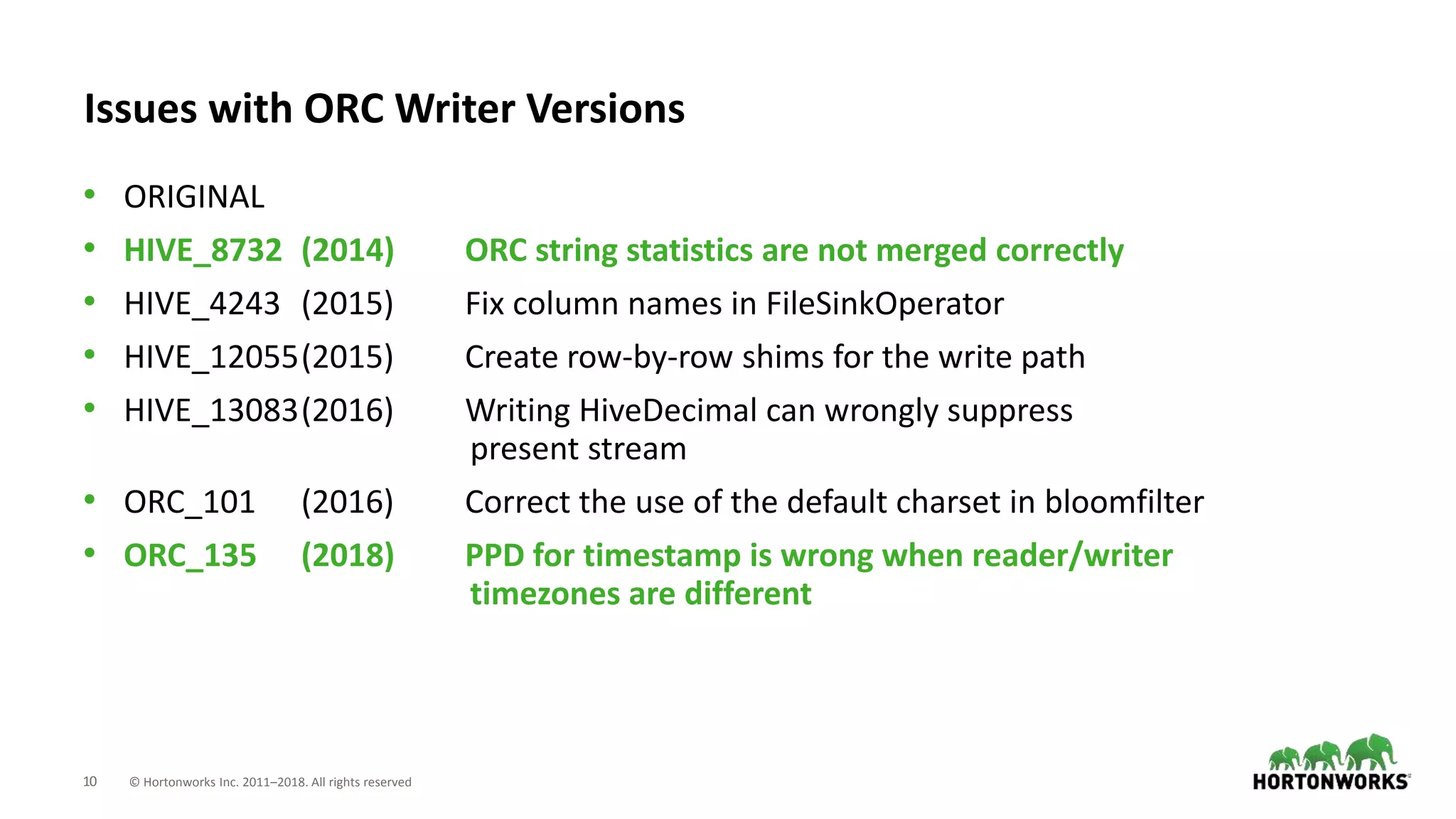 10 © Hortonworks Inc. 2011–2018. All rights reserved
Issues with ORC Writer Versions
• ORIGINAL
• HIVE_8732 (2014) ORC string statistics are not merged correctly
• HIVE_4243 (2015) Fix column names in FileSinkOperator
• HIVE_12055(2015) Create row-by-row shims for the write path
• HIVE_13083(2016) Writing HiveDecimal can wrongly suppress
present stream
• ORC_101 (2016) Correct the use of the default charset in bloomfilter
• ORC_135 (2018) PPD for timestamp is wrong when reader/writer
timezones are different
 