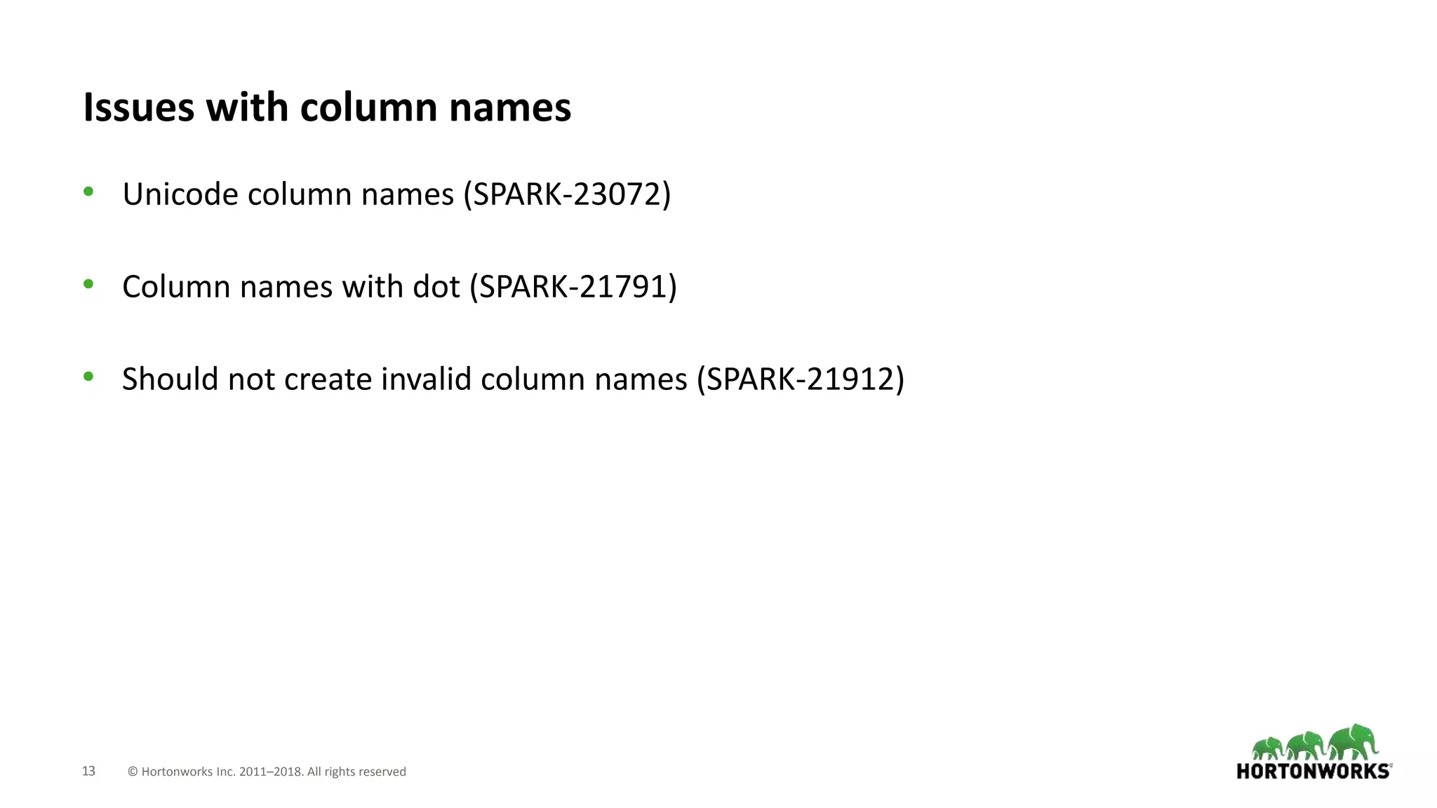 13 © Hortonworks Inc. 2011–2018. All rights reserved
Issues with column names
• Unicode column names (SPARK-23072)
• Column names with dot (SPARK-21791)
• Should not create invalid column names (SPARK-21912)
 