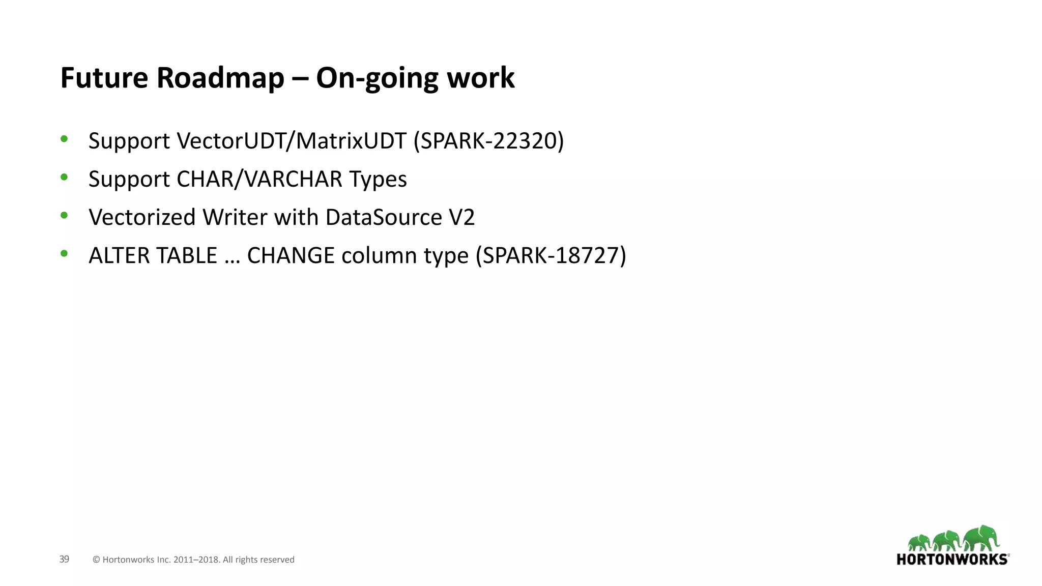 39 © Hortonworks Inc. 2011–2018. All rights reserved
Future Roadmap – On-going work
• Support VectorUDT/MatrixUDT (SPARK-22320)
• Support CHAR/VARCHAR Types
• Vectorized Writer with DataSource V2
• ALTER TABLE … CHANGE column type (SPARK-18727)
 