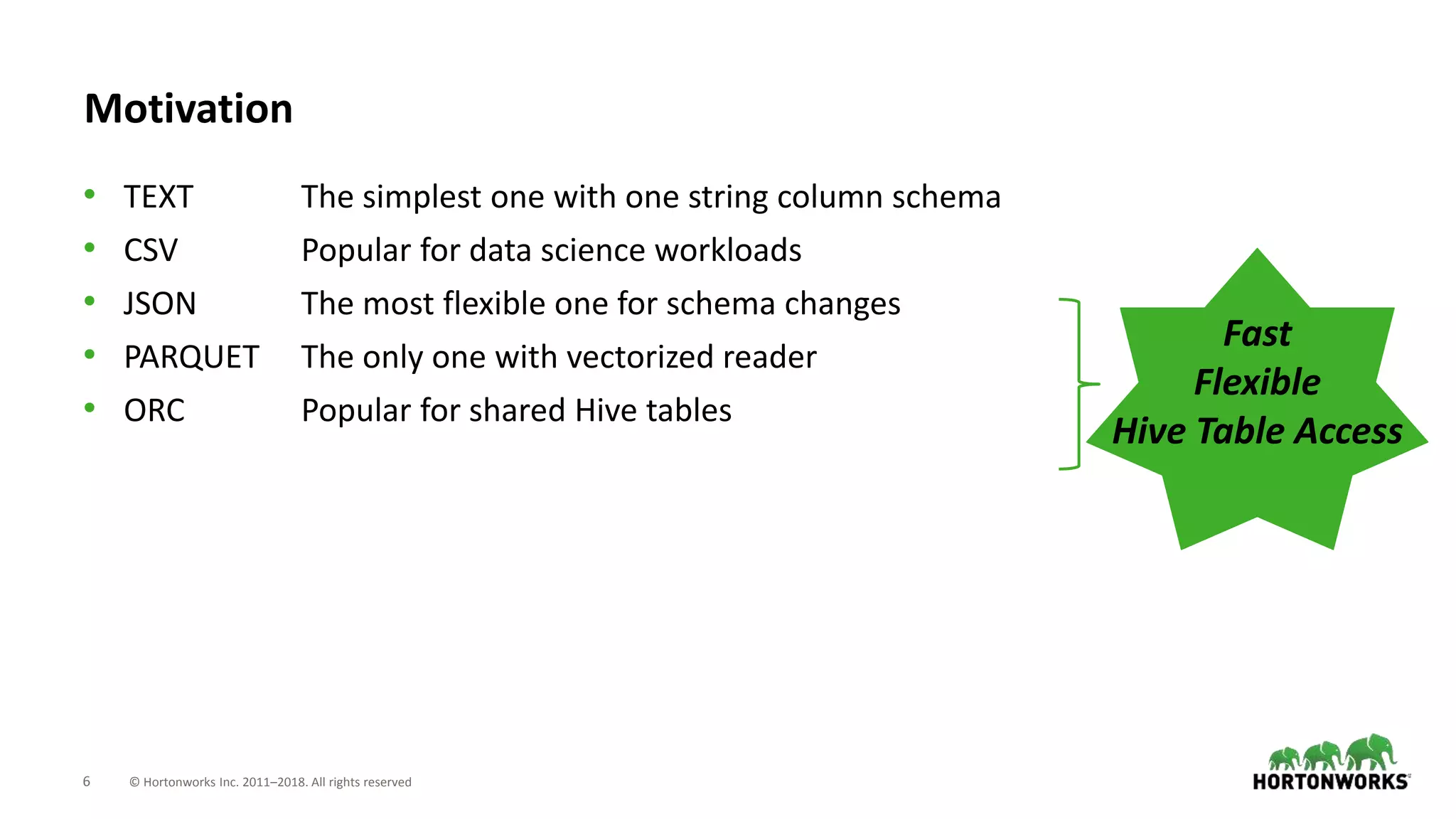 6 © Hortonworks Inc. 2011–2018. All rights reserved
Motivation
• TEXT The simplest one with one string column schema
• CSV Popular for data science workloads
• JSON The most flexible one for schema changes
• PARQUET The only one with vectorized reader
• ORC Popular for shared Hive tables
Fast
Flexible
Hive Table Access
 