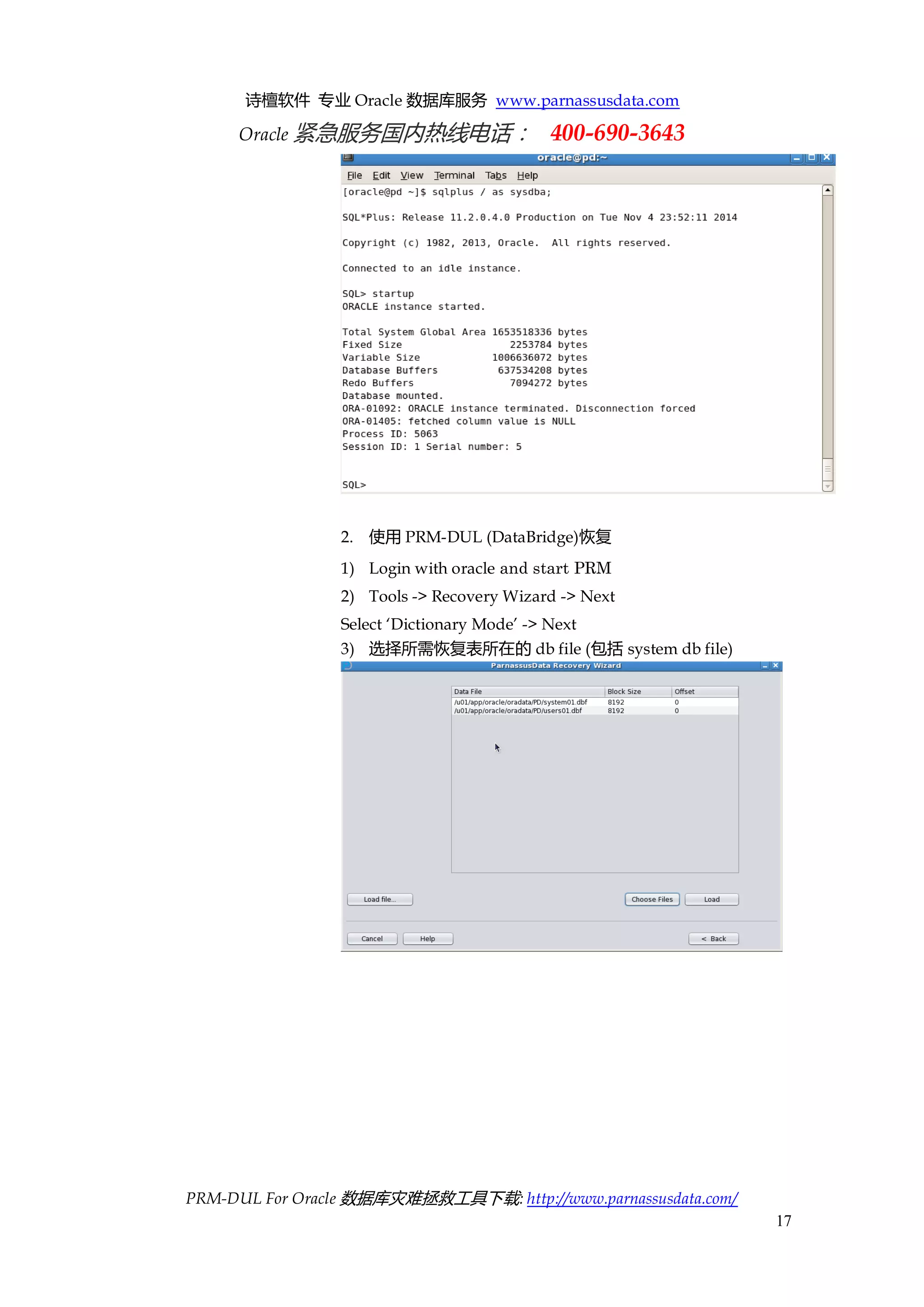 诗檀软件 专业 Oracle 数据库服务 www.parnassusdata.com 
Oracle 紧急服务国内热线电话： 400-690-3643 
PRM-DUL For Oracle 数据库灾难拯救工具下载: http://www.parnassusdata.com/ 
17 
2. 使用PRM-DUL (DataBridge)恢复 
1) Login with oracle and start PRM 
2) Tools -> Recovery Wizard -> Next 
Select ‘Dictionary Mode’ -> Next 
3) 选择所需恢复表所在的db file (包括system db file) 
 