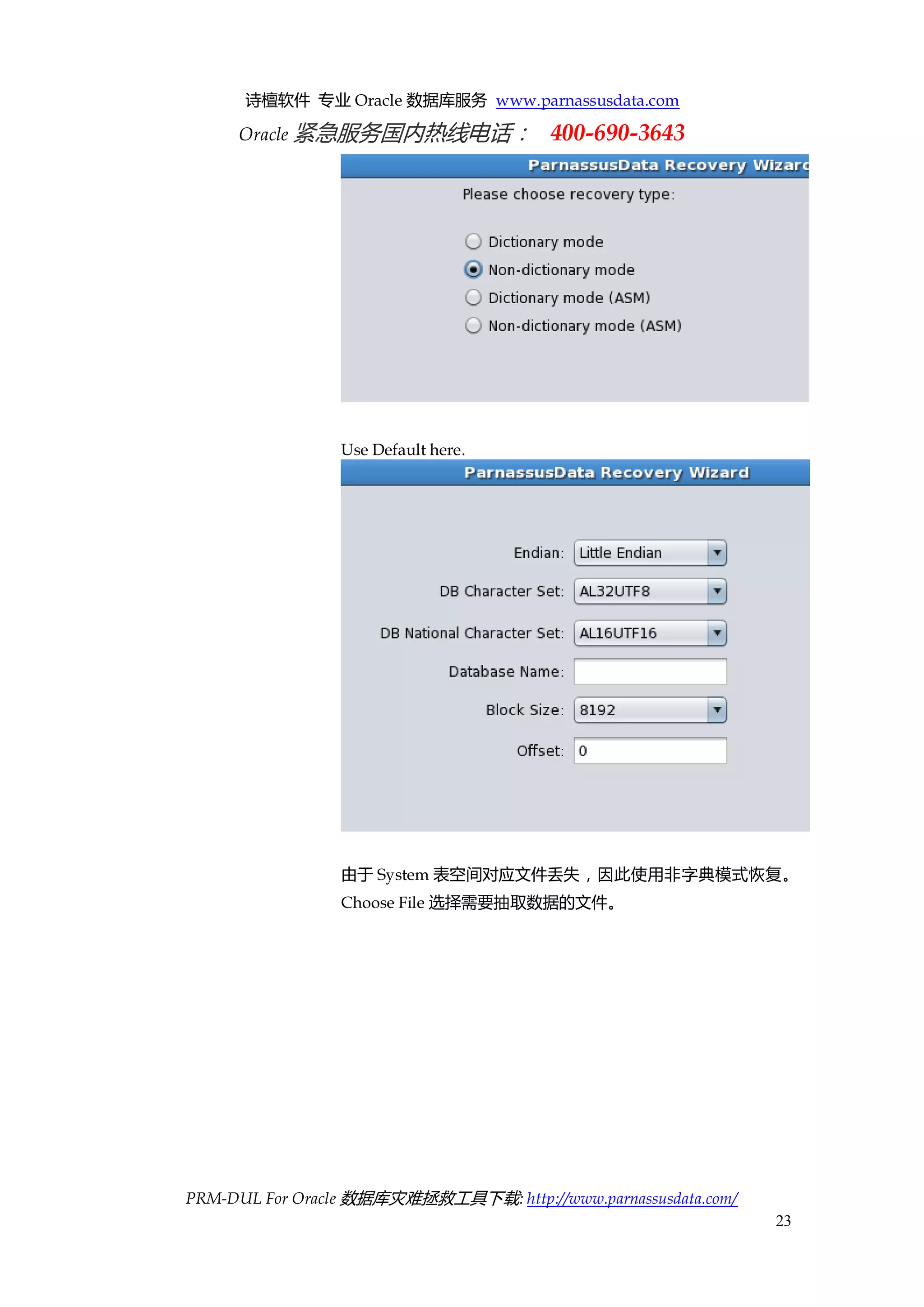 诗檀软件 专业 Oracle 数据库服务 www.parnassusdata.com 
Oracle 紧急服务国内热线电话： 400-690-3643 
PRM-DUL For Oracle 数据库灾难拯救工具下载: http://www.parnassusdata.com/ 
23 
Use Default here. 
由于System表空间对应文件丢失，因此使用非字典模式恢复。 
Choose File选择需要抽取数据的文件。  