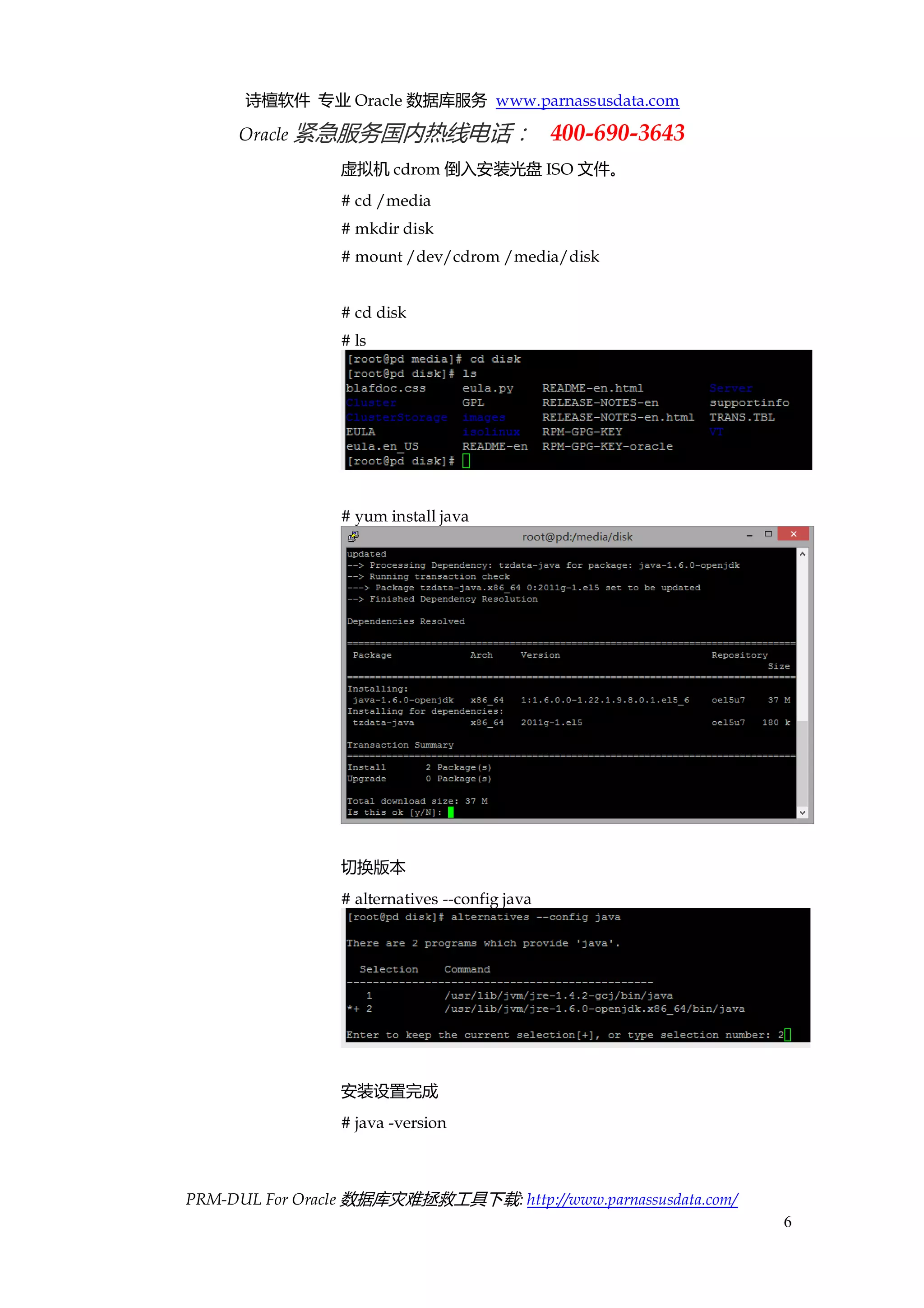 诗檀软件 专业 Oracle 数据库服务 www.parnassusdata.com 
Oracle 紧急服务国内热线电话： 400-690-3643 
PRM-DUL For Oracle 数据库灾难拯救工具下载: http://www.parnassusdata.com/ 
6 
虚拟机cdrom倒入安装光盘ISO文件。 
# cd /media 
# mkdir disk 
# mount /dev/cdrom /media/disk 
# cd disk 
# ls 
# yum install java 
切换版本 
# alternatives --config java 
安装设置完成 
# java -version  