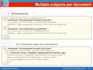 Multiple subjects per document

       •  @resource
 <body vocab="http://purl.org/dc/terms/">
 <div resource="/alice/posts/trouble_with_bob">
     <h2 property="title">The trouble with Bob</h2>
     <p>Date: <span property="created">2011-09-10</span></p>
 </div>
 <div resource="/alice/posts/jos_barbecue">
     <h2 property="title">Jo's Barbecue</h2>
     <p>Date: <span property="created">2011-09-14</span></p>
 </div>
 </body>


             -  The innermost value has precedence
 <div resource="/alice/posts/trouble_with_bob">
   <h2 property="title">The trouble with Bob</h2>
   <div resource="http://example.com/bob/photos/sunset.jpg">
     <img src="http://example.com/bob/photos/sunset.jpg" />
     <span property="title">Beautiful Sunset</span>
     by <span property="creator">Bob</span>.
   </div>
 </div>

© Raúl García Castro                                    ORCO 2013. 8 February 2013   13
 