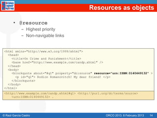 Resources as objects

       •  @resource
             -  Highest priority
             -  Non-navigable links


 <html xmlns="http://www.w3.org/1999/xhtml">
   <head>
     <title>On Crime and Punishment</title>
     <base href="http://www.example.com/candp.xhtml" />
   </head>
   <body>
     <blockquote about="#q1" property="dc:source" resource="urn:ISBN:0140449132" >
       <p id="q1"> Rodion Romanovitch! My dear friend! </p>
     </blockquote>
   </body>
 </html>
 <http://www.example.com/candp.xhtml#q1> <http://purl.org/dc/terms/source>
     <urn:ISBN:0140449132> .




© Raúl García Castro                                    ORCO 2013. 8 February 2013   14
 