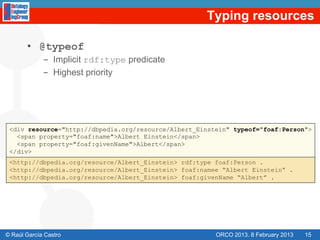 Typing resources

       •  @typeof
             -  Implicit rdf:type predicate
             -  Highest priority




 <div resource="http://dbpedia.org/resource/Albert_Einstein" typeof="foaf:Person">
   <span property="foaf:name">Albert Einstein</span>
   <span property="foaf:givenName">Albert</span>
 </div>
 <http://dbpedia.org/resource/Albert_Einstein> rdf:type foaf:Person .
 <http://dbpedia.org/resource/Albert_Einstein> foaf:namee “Albert Einstein” .
 <http://dbpedia.org/resource/Albert_Einstein> foaf:givenName “Albert” .




© Raúl García Castro                                    ORCO 2013. 8 February 2013   15
 
