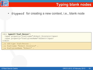 Typing blank nodes

       •  @typeof for creating a new context, i.e., blank node




 <div typeof="foaf:Person">
   <span property="foaf:name">Albert Einstein</span>
   <span property="foaf:givenName">Albert</span>
 </div>
 _:a rdf:type foaf:Person .
 _:a foaf:name "Albert Einstein" .
 _:a foaf:givenName "Albert" .




© Raúl García Castro                                   ORCO 2013. 8 February 2013   16
 