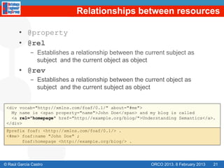 Relationships between resources

       •  @property
       •  @rel
             -  Establishes a relationship between the current subject as
                subject and the current object as object
       •  @rev
             -  Establishes a relationship between the current object as
                subject and the current subject as object


 <div vocab="http://xmlns.com/foaf/0.1/" about="#me">
   My name is <span property="name">John Doe</span> and my blog is called
   <a rel="homepage" href="http://example.org/blog/">Understanding Semantics</a>.
 </div>
 @prefix foaf: <http://xmlns.com/foaf/0.1/> .
 <#me> foaf:name "John Doe" ;
       foaf:homepage <http://example.org/blog/> .




© Raúl García Castro                                     ORCO 2013. 8 February 2013   21
 