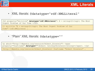 XML Literals

       •  XML literals: @datatype=“rdf:XMLLiteral”

 <h2 property="dc:title" datatype="rdf:XMLLiteral"> E = mc<sup>2</sup>: The Most
 Urgent Problem of Our Time </h2>
 <> dc:title "E = mc<sup>2</sup>: The Most Urgent Problem of Our
 Time"^^rdf:XMLLiteral .



       •  “Plain” XML literals: @datatype=“”

 <p about="http://dbpedia.org/resource/Albert_Einstein"> <span
 property="foaf:name" datatype="">Albert <strong>Einstein</strong></span>. </p>
 <http://dbpedia.org/resource/Albert_Einstein> foaf:name "Albert Einstein" .




© Raúl García Castro                                    ORCO 2013. 8 February 2013   25
 