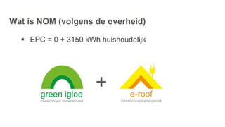 Wat is NOM (volgens de overheid)
 EPC = 0 + 3150 kWh huishoudelijk
green igloo
totaalconcept binnenklimaat
e-roof
totaalconcept energiedak
 