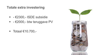Totale extra investering
 - €2300,- ISDE subsidie
 - €2000,- btw teruggave PV
 Totaal €10.700,-
 