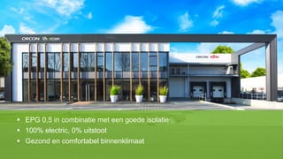  EPG 0,5 in combinatie met een goede isolatie
 100% electric, 0% uitstoot
 Gezond en comfortabel binnenklimaat
 