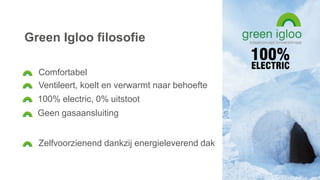 Green Igloo filosofie
Comfortabel
Geen gasaansluiting
Ventileert, koelt en verwarmt naar behoefte
100% electric, 0% uitstoot
Zelfvoorzienend dankzij energieleverend dak
 