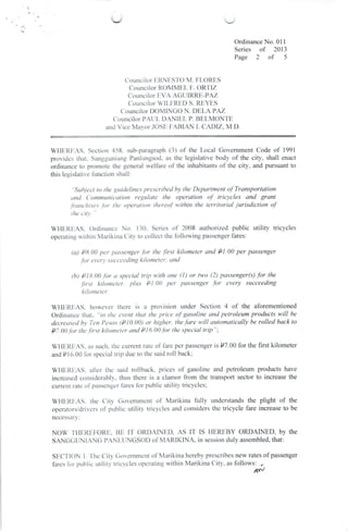 Ordinance No 011 
Scrics of 2013 
Pagc 2 of 5 
(louncilor[RNESTO M FIンORES 
Councilor ROヽ4MEL F ORTIZ 
CouncilorlJVA AGIJI...