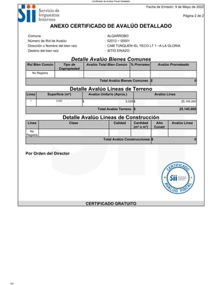 Fecha de Emisión: 9 de Mayo de 2022
Página 2 de 2
ANEXO CERTIFICADO DE AVALÚO DETALLADO
Comuna : ALGARROBO
Número de Rol de Avalúo : 02013 − 00001
Dirección o Nombre del bien raíz : CAM TUNQUEN−EL YECO LT 1 −A LA GLORIA
Destino del bien raíz : SITIO ERIAZO
Detalle Avalúo Bienes Comunes
Rol Bien Común Tipo de
Copropiedad
Avalúo Total Bien Común % Prorrateo Avalúo Prorrateado
No Registra
Total Avalúo Bienes Comunes $ 0
Detalle Avalúo Líneas de Terreno
Línea Superficie (m²) Avalúo Unitario (Aprox.) Avalúo Línea
1 5.000 $ 5.029 $ 25.145.000
Total Avalúo Terreno $ 25.145.000
Detalle Avalúo Líneas de Construcción
Línea Clase Calidad Cantidad
(m² o m³)
Año
Constr
Avalúo Línea
No
Registra
Total Avalúo Construcciones $ 0
Por Orden del Director
CERTIFICADO GRATUITO
Certificado de Avalúo Fiscal Detallado
2/2
 