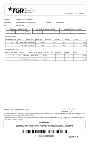 Certificado de Deuda
PALLARES INDO LUIS RAUL
NOMBRE
CAM TUNQUEN-EL YECO LT 1 -A ALGARROBO
044-02013-001
DIRECCION
ROL
COMUNA
67,692 CLP 65,901
Total Deuda No Vencida Liquidada
CLP
Total Deuda Liquidada Morosa Acogidos ART 196 y 197 DEL C.T.
REAJUSTE
DEUDA NETA TOTAL
INTERES MULTA
FECHA VCTO.
FOLIO
FORMULARIO TIPO
Deuda :Morosa (CLP)
30 30 442013322 30-Sep-2022 65,901 791 1,000 0 67,692
791 1,000
65,901 0 67,692
Total Deuda Morosa (CLP)
REAJUSTE
DEUDA NETA TOTAL
INTERES MULTA
FECHA VCTO.
FOLIO
FORMULARIO TIPO
Deuda No Vencida CLP
30 30 442013422 30-Nov-2022 65,901 0 0 65,901
0
65,901 0 0 0 65,901
Total Deuda No Vencida (CLP)
13:55
La Institución o persona ante quien se presenta este certificado, podrá verificar su autenticidad en www.tgr.cl, ingresando el número del código de
barra que se indica en certificado.
(Liquidada al: 30-10-2022)
El Servicio de Tesorería certifica que de acuerdo al estado de la Cuenta Única Tributaria del ROL ALGARROBO 044-02013-001, éste registra deuda
por el(los) formulario(s) detallado(s) precedentemente.
IMPORTANTE
Emitido a las:
Página 1 de
Fecha de Emisión del Certificado: 30-10-2022
1
DOCUMENTO NO VALIDO PARA PAGAR EN INSTITUCIONES RECAUDADORAS
001SD202230320010082
 