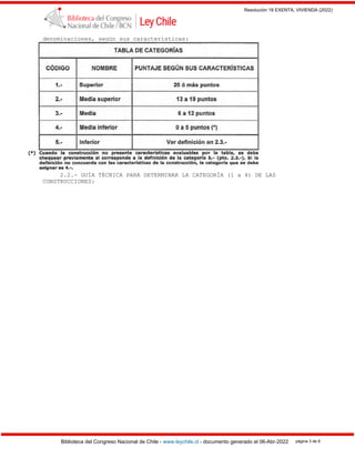 Resolución 18 EXENTA, VIVIENDA (2022)
Biblioteca del Congreso Nacional de Chile - www.leychile.cl - documento generado el 06-Abr-2022 página 3 de 8
denominaciones, según sus características:
2.2.- GUÍA TÉCNICA PARA DETERMINAR LA CATEGORÍA (1 a 4) DE LAS
CONSTRUCCIONES:
 