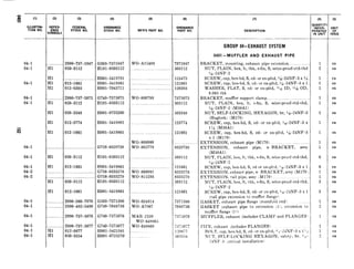E
9:
(1) (2) (3)
i~~~~~N~- REFER- FEDERAL
. ENCE STOCK NO.
SYMBOLS
04-l ............... 2990-737-1047
04-l Hl 0503112
Hl .._____.._..._._._~~_..______
04-l Hl 012-1661
Hl 012-0393
04-l ............. . 2990-737-5075
04-l Hl 050-3112
Hl 050-3348
Hl 012-3774
g; Hl 012-1661
04-l ............... ............______._.._____..
04-l Hl 050-3112
04-l Hl 012-1661
04-2 .._____....._....._......_______............
04-Z ............_.. ....... ._...................
Hl 050-3112
Hl 012-1661
04-l ______.._....._2990-360-7970
04-l . ......._..___2990-492-5480
04-1 ______......__2990-73’7-5076
04-1 ._______...___i2990-737-507’7
04-l Hl 012-0677
04-l Hl 050-3354
(4)
ORDNANCE
STOCK NO.
G503-737104’7
HlOl~503112
HOOl-5419781 123473
HOOl-5419861 121661
HOOl-7043’711 120393
G740-7375075
HlOl-0503112
HOOl-0725260 503348
HOOl-5419861 121661
G758-8329739
HlOl-0503112
HOOl-5419861
G758-8333278
G758-8333279
HlOl-0503112
HOOl-5419861
G503-7371390
G740-7048736
(3’740-7375076
G740-737507’7
HOOl-5421341
HOOl-07“5”70‘. ”
(5)
MFR’S PART’ NO.
WO-A 5498
wo-800799
WO-808980
wo-805779
WO-808981
WO-811293
WO-634814 7371390
WO-A7967 7045736
MAR-“539
wo-649865
wo-619869
7371047
503112
7375075
503112
123774
8329739
503112
121661
8333278
8333279
503112
121661
DESCRIPTION
.I____ _.
GROUP 04-EXHAUST SYSTEM
i-i
0401 --MUFFLER AND EXHAUST PIPE
BRACKET, mounting, exhaust pipe extension ..__ _..__ 1
NUT, PLAIN, hex, It, thk, s-fin, S, seiz~proof-~td-thd 2
$$-24NF-2
SCREW, cap, hex-hd, S, cd- or zn-pltd, 5&-24NF-3 x ,%6
SCREW, cap, hex-hd, S, cd- or zn-pltd, $.&24NF-3 x 1
WASHER, FLAT, S, cd- or zn-pltd, 1132ID, ‘146OD,
0.065 thk
BRACKET, muffler support, clamp ____. .._..____..__.__..._.._.. 1
NUT, PLAIN, hex, It, s-fin, S, seize-proof-ctd-thd, 1
$;,--24NF-2 (M38Al)
NUT, SELF-LOCKING, HEXAGON, br, j;G-24NF-3 1
(Huglock) (Ml701
SCREW, cap, hex-hd, S, cd- or zn-pltd, 3[6-24NF-3 x
1>i (M38Al)
SCREW, cap, hex-hd, S, cd- or zn-pltd, j;&4NF-3 1
x 1 (M170)
EXTENSION, exhaust pipe (M170) _.... ..___..__._ 1
EXTENSION, exhaust pipe, w ‘BRACKET, assy 1
(M38Al)
NUT, PLAIN, hex, It, thk, s-fin, S, seize-proof-ctd-thd, 6
5;&“4NF_-2
SCREW, cap, hex-hd, S, ed or zn-pltd, “&21NF-3 x 1 6
EXTENSION, exhaust pipe, w BRACKET, assy (M170j.. 1
EXTENSION, tail pipe, assy 1M170’ ___.. 1
NUT, PLAIN, hex, It, thk, s-fin, S, seize-proof-ctd-thd, 3
3i6-‘24NF-S
SCREW, cap, hex-hd, S, cd- or zn-pltd, jtG-%NF-3 x 1 3
(tail pipe extension to muffler Range)
GASKET, exhaust pipe flange !manifold end) . 1
GASKET (exhaust pipe to extension (11, extension to :!
muffler flange (1))
MIlFFLER, exhaust (includes CLAMP and FLrtNGES’ 1
PIPE. exhaust (includes FLANGES)
ROLT, rap, hex-hd, S, cd- or zn-pitd, 3s-ZINF-3 x 1’ 2
NITI’, SELF-LOCKING HEXAGON, safety, hr. L1h-
ZJ;NF US:critical installation
1
1
.?
ea
ea
ea
ea
ea
ea
ea
ea
ea
ea
ea
ea
ea
ea
ea
ea
ea
ea
ea
ea
ea
ea
ea
ea
 