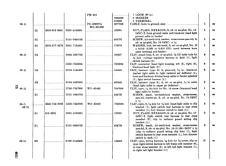 06-11 ___.._____...
Hl
. .. _. .. .. . .
5310-012-0361
. ._ . ... .
HOOl-4135661
PO-5292274
wo-801529
7524649
572929
8677059
120361
Hl
Hl
. . . . .
5310-01’7-8378
HlOl-0454783 454783
HOOl-7124621 178378
06-11 H4 H004-0327736 120527
06-11 H4
G252-7525934
H104-0145409
7525934
145409
H4
<
Ln 06-11 ... .
Hl
H104-0432653
G740-7047998
HlOl-0454783
WO-A5449
432653
7047998
454783
05-l ;
06-l
_. . _. 5940-734-3086 G503-7343086 WO-A5450 7343086
1
Hl 012-0361 HOOl-4135661 120361
Hl HlOl-0454783 454783
06-l 1 H2 H102-0145525 145525
PM-451 1 LOOM (68 in.)
2 MARKER
2 TERMINAL
CABLE, horn to ground, assy ..._.._...._....__.__...........................
NUT, PLAIN, HEXAGON, S, cd- or zn-pltd, No. lo-
24NC-2 (horn ground cable and blackout head light
ground cable to fender)
SCREW, int-teeth-lock washer, cross-recess-pan-hd, S,
cd- or zn-pltd, No. lo-24NC- x M
WASHER, lock, int-ext-teeth, S, cd- or sn-pltd, No. 10
x 0.610 (0.580 to 0.610 OD) (used between horn
cable terminal and fender)
CLIP, closed loop, S, cd- or zn-pltd, 5AOD tube hole for
x bolt (voltage regulator, harness to dash (l), light
switch harness (3))
CLIP, connector (head light housing, left (3), right (3),
blackout head light (2))
CLIP, fastener (type B) S, phos-ctd, a$&,in. (blackout
marker light cable to right radiator air deflector (l),
horn and blackout driving lamp cable to fender splasher
(l), light switch harness (1))
CLIP, fastener (type B), S, cd- or zn-pltd, sA in cable
(head light cable to upper air deflector)
CLIP, open, 5/csdia hole for No. 10 screw (blackout head
light cable to fender)
SCREW, math, int-teeth-lock washer, cross-recess,
pan-hd, header-pt, S, cd- or zn-pltd, No. lo-24NC
x M
CLIP, open, S, 746hole for s bolt (head light cable to clip
bracket (l), light switch rear harness to rear cross
member (l), foot dimmer switch to dash (1))
NUT, PLAIN, HEXAGON, S, cd- or zn-pltd, No. lo-
24NC-2 (light switch rear harness to rear cross
member (2), clip to radiator guard wiring clip
bracket (1))
SCREW, math, int-teeth-lock washer, cross-recess-
pan-hd, S, cd- or zn-pltd, No. lO-(0.190)-24NC x x
(clip to radiator guard wiring clip brkt (l), light
switch harness to rear cross member (l), foot dimmer
switch to dash (1))
CLIP, open, wiring harness, r/si hole for s screw, slip on
type (light switch harness to left frame side member (9),
to rear cross member (2), to left tail light bracket (l),
to right tail light bracket (1))
1
1
1
1
4
8
3
2
1
1
3
3
3
13
ea
ea
ea
ea
ea
es
ea
ea
ea
ea
ea
ea
ea
ea
 