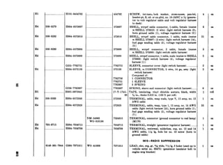 Hl ....-.._.._..._..........._._.
H4
H4
H4
H4
H4 .........._..................
H5
H4
H4
H4
H4
HJOl-0454782 1454782
350-9279 H004-0573007
350-9282 H004-0573010 . . ... .. .. _ _____
573007
573010
350-9280 H004-0573008
......._.._._.........__...__.H004-0573009
573008
I
573009
G251-7762751
H004-0573126
7762751
573126
........ ........... .
G256-7762687
H005-0875945
350-9269 H004-0572930
7762750
7762751
7762687
7762687
17-T-1745-
6C
572930
........_.......... .. H004-0572929 572929
705-6’715
........._.........__....._..
H004-7056715
H004-7056708
DM-54963 7524915
WO-810198
______...___________...................7056715
..__._..._.____________________________7056708
6140-361-7944 G503-7371311 WO-A1098 7371311
SCREW, int-teeta lock washer, cross-recess, pan-hd,
header-pt, S, cd- or zn-pltd, no. lo-24NC x G (genera-
tor to volt regulator cable and volt regulator harness
to dash)
SHELL, wtrprf cable connector, l-cable, female (mates
w/SHELL 573010) (2 wire) (light switch harness (3),
horn ground cable (I), voltage regulator harness (2))
SHELL, wtrprf cable connector, 1 cable, male (mates
w/SHELL 573007) (2-wire) (light switch harness (14),
fuel gage sending cable (2), voltage regulator harness
(5))
SHELL, wtrprf connector, 2 cable, female (mates
w/SHELL 573009) (light switch cable harness)
SHELL, wtrprf connector, 1 cable, male (mates w/SHELL
573008) (light switch harness (4), voltage regulator
harness (1))
SLEEVE, connector cover (light switch harness)_______________.
SLEEVE, w/CONNECTOR, 3 wire, 14 ga, assy (light
switch harness)
Composed of:
1 CONNECTOR
1 SLEEVE
3 SPRING
SPRING, sleeve and connector (light switch harness)........
TAPE, insulating, vinyl chloride acetate, black, width
K in., thnks 0.010 in. (108 ft per roll)
TERMINAL, cable, snap male, type V, 15 amp, no. 12
AWG cable
TERMINAL, cable, snap, type 1, 15 amp, no. 14 AWG
cable (light switch harness (25), horn ground cable (l),
fuel gage sending cable (2), voltage regulator harness
(7))
TERMINAL, connector (ground connector to reel lamp)
(M170)
TERMINAL, straight (generator regulator harness).........
TERMINAL, waterseal, solderless, cop, no. 12 and 14
AWG cable, 1% lg, hole for no. 10 screw (horn to
ground cable)
0615-RADIO SUPPRESSION
LEAD, elec, eng, gr, 1%~wide, 7% lg, 2 holes (used up to
vehicle serial no. 83475) (generator insulator bolt to
engine mtg bracket)
4 ea
6 ea
21 ea
35
1
ea
ea
ea
ea
ea
roll
ea
ea
ea
ea
ea
ea
 