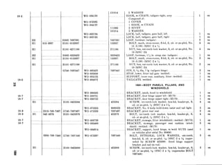 18-5
18-5
2:
r.c#
18-7
18-7
18-9
18-9
18-7
18-7
_ . .
32
Hl
Hl
H2
Kl
Kl
Hl
Hl
Hl
.~~
0
_...
.
_..
:
(
. .
.. .
/
.
15-5937
!510-'769-749;
142-5379
5305-769.-7441
I
I
I
I
1
~. 1
(
_.
i 1
.
1
WO-684130
WO-672592
WO-684132
1002-7697591
1101-0155937
IlOll0271166
3002-8328423
!IlOl-0155937
FIlOl-0271166
3740-7697447
WO-663194
WO-663195
111893
131014
7697591
155937
WO-663428
WO-685838
WO-684155
WO-684072
271166
8328423
155937
271166
7697447
HlOl-0425384
WO-680565
WO-680751
WO-680752
425384
G740-7697497
HlOl-0425379
WO-673325
WO-673339
8680526
7697497
425379
WO-685739
WO-685468
WO-684914
G740-7697440 WO-673597 7697440
HlOl-0425388 425388
.31014 2 WASHER
LIOOK, w/CHAIN, tailgate right, assy
Composed of:
1 COVER
1 HOOK, w/CHAIN
2 RIVET
2 WASHER
LOCK, half, tailgate, gate half, left
LOCK, half, tailgate, gate half, right
LOOP, footman (tailgate)
BOLT, math, cross-recess, fl-hd, S, cd- or zn-pltd, No.
10 (0.190)-24NC2 x ?,/2
NUT, hex, ext-teeth lock washer, S, cd- or zn-pltd, NO.
10.-24NC2A
LOOP, footman, 1% in. strap size (tailgate)
BOLT, math, cross-recess, fl-hd, S, cd- or zn-pltd, No.
10 (0.190)-24NC2 x ;kJ
NUT, hex, ext-teeth lock washer, S, cd- or zn-pltd, No.
10.-24NC2A
PIN, S, y/;s dia, 7 lg (tailgate hingej
STOP, lower, litter tail gate (welded)
SUPPORT, inner rear, auxiliary, litter (welded)
TAILGATE (welded)
1804-BODY PANELS, PILLARS, AND
WINDSHIELD
BRACKET, catch, hood to windshield
BRACKET, door hinge upper left (M170)
BRACKET, door hinge upper right (M170)..
SCREW, int-teeth-lock washer, hex-hd, header-pt, S,
cd- or zn-pltd, &ZONC-2 x l$i
BRACKET, No. 6 body hold-down outer and tail light..
BRACKET, pivot rear seat
BOLT, int-teeth lock washer, hex-hd, header-pt, S,
cd- or zn-pltd, ?&ZONCZ x ?,i
BRACKET, stowage, litter (windshield) (welded) (M170)
BRACKET, stowage, passenger seat cushion (wind-
shield) (welded) (M170)
BRACKET, support, hood hinge, w/weld NUTS (used
on vehicles after serial No. 60406)
BOLT, INTEGRAL LOCK WASHER, ext-teeth,
hex-hd, S, cd- or zn-pltd, $?&18NC2 x ?/s (super-
seded by SCREW 425388) (hood hinge support
bracket and rad tie rod)
SCREW, int-teeth-lock washer, hex-hd, header-pt, S,
cd- or zn-pltd, 5$&18NC-2 x s/s (supersedes BOLT
7697440)
1
1
1
2
4
4
1
2
2
2
1
1
1
1
1
1
4
2
2
4
1
2
1
3
3
ea
ea
ea
ea
ea
ea
ea
ea
ea
ea
ea
ea
ea
ea
ea
ea
ea
ea
ea
ea
ea
ea
ea
ea
ea
 