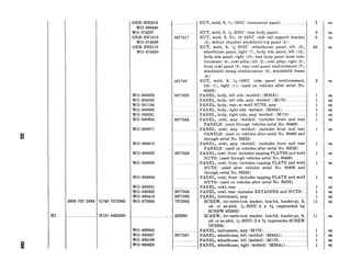 5305-737-2885 G740-7372885
WO-680241
WO-680633
WO-680416
WO-673600
8677559
8677599
7372885
HlOl-0425380 425380
ONB-SN3318
WO-680446
WO-674267
ONB-SN1610
WO-674898
ONB-SN2113
WO-674350
WO-680629
WO-684253
WO-681184
WO-680630
WO-684241
WO-680634
WO-685071
WO-684810
WO-680632 8677558
WO-685056
WO-684834
WO-683955
WO-680627
WO-684189
WO-680628
8677317
451748
8677629
8677594
8677557
NUT, weld, S, 3&16NC (instrument panel) 2
NUT, weld, S, K-2ONC (rear body panel) .~ .._
NUT, weld, S, No. lo-24NC (side rail support bracket
(4), defrost chamber windshield top panel (2j)
NUT, weld, S, x’-20NC (wheelhouse panel, left (5),
wheelhouse panel, right (7), body side panel, left (13),
body side panel, right (lOj, rear body panel inner rein-
forcement (4), cowl pillar, left (2), cowl pillar, right (2),
front cowl pane1 (8), rear cowl panel reinforcement (7),
windshield clamp reinforcement (6), windshield frame
(4))
NUT, weld, S, 5,&-18NC (side panel reinforcement,
left (l), right (1)) (used on vehicles after serial No.
60406)
PANEL, body, left side (welded) (M38Al) ~._
PANEL, body, left side, assy (welded) (M170) ..~ .._
PANEL, body, rear, w/weld NUTS, assy
PANEL, body, right side (welded) (M38Al) .._.
PANEL, body, right side, assy (welded) (M170).
PANEL, cowl, assy (welded) (includes front and rear
PANELS) (used through vehicles serial No. 60406)
PANEL, cowl, assy (welded) (includes front and rear
PANELS) (used on vehicles after serial No. 60406 and
through serial No. 63252)
PANEL, cowl, assy (welded) (includes front and rear
PANELS) (used on vehicles after serial No. 63252)
PANEL, cowl, front (includes tapping PLATES and weld
NUTS) (used through vehicles serial No. 60406)
PANEL, cowl, front (includes tapping PLATE and weld
NUTS) (used after vehicles serial No. 60406 and
through serial No. 63252)
PANEL, cowl, front (includes tapping PLATE and weld
NUTS) (used on vehicles after serial No. 63252)
PANEL, cowl, rear.
PANEL, cowl, rear (includes RETAINER and NUTS)....
PANEL, instrument, assy... _ _ .._
SCREW, int-teeth-lock washer, hex-hd, header-pt, S,
cd- or zn-pltd, M-20NC-2 x s/8 (superseded by
SCREW 425380)
SCREW, int-teeth-lock washer, hex-hd, header-pt, S,
cd- or zn-pltd, g’-20NC-2 x s (supersedes SCREW
7372885)
PANEL, instrument, assy (M170). .._. _...._..._......___.~._
PANEL, wheelhouse, left (welded) (M38Al)~ .._...............__._
PANEL, wheelhouse, left (welded) (M170) .._..._..__.......
PANEL, wheelhouse, right (welded) (M38Al) _____..._._._..._...
6 ea
6 ea
68
2
1
1
1
11
11
ea
ea
ea
ea
ea
ea
ea
ea
ea
ea
ea
ea
ea
ea
ea
ea
ea
ea
ea
ea
ea
ea
ea
 