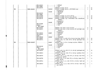 H3 . . . . HO038329991
H3 H003-0592637
WO-685815
WO-A2602
WO-681273
WO-681273
WO-A2602
WO-675206
WO-681956
WO-681192
WO-675206
N&AJ-1
WO-A2602
WO-681672
WO-681671
WO-663335
WO-681672
N&J-l
WO-663336
WO-680987
WO-681275
WO-681956
N&J-l
WO-A2602
WO-685810
WO-685815
WO-685787
WO-685790
WO-685914
WO-685912
., 8329991
543486
8393224
543486
1 STRAP
1 TIP
STRAP, stowage, shovel ._ ..._.._..._....._..............
STRAP, stowage, shovel, w/BUCKLE, assy. ..__...
Composed of:
1 BUCKLE
1 STRAP
1 TIP
STRAP, stowage, top (49 in. dev-lg) .._
STRAP, stowage, top bow (22 in. dev-lg)... .._
STRAP, stowage, top, w/BUCKLE, assy (wheelhouse)
(M38Al)
Composed of:
1 BUCKLE
1 STRAP
1 TIP
STRAP, web, deck to front top bow.. .. .._........_._....
STRAP, web, deck to front top bow, left and right, assy
(M38Al)
Composed of:
426687 1 EYELET
1 STRAP
1 TIP
426686 1 WASHER
STRAP, web, 1 in. wide (16 in. dev-lg) (axe strap) (M170)
_.......~. STRAP, web, 1 in. wide (26 in. dev-lg) (passenger seat
stowage)
592637 STRAP, web, 1 x 25 in. (stowage top bow) (M38Al).. .._
Composed of:
543486 2 BUCKLE
2 STRAP
~~~ 2 TIP
STRAP, web, 1 in. wide (41,!,$ in. dev-lg) (passenger seat
stowage) (M170)
.._ STRAP, web, 1 in. wide (72 in. dev-lg) (auxiliary litter
stowage) (M170)
STRAP, web, 1;; in. wide (67J.4 in. dev-lg) (rear litter
hold-down) (M170)
STRAP, web, 1!,/2 in. wide (33j4 in. dev-lg) (upper litter
rack) (M170)
STRAP, web, 1;~s in. wide (6.125 in. dev-lg) (spare gas
can) (M170)
STRAP, web, 1% in. wide (37.0 in. dev-lg) (spare gas
can) (M170)
4
2
4
2
2
1
2
ea
ea
ea
ea
ea
ea
ea
ea
ea
ea
ea
ea
ea
! pa
j ra
 