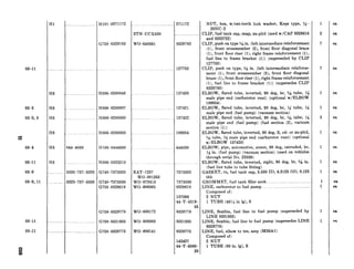 03-11
03-5
03-3, 5
:s
034
03-11
03-9
03-9, 11
03-11
03-l 1
:8
:z
Kl KlOl-0271172 271172
STN-CCX030
G758-8329783 WO-648591
,__..._..._..........
8329783
127753
K6
K6
K6
K6
K6
K6
.... .
.
K006-0260846 137420
HO0660260807 137421
K006-0260850 137422
K006-0260933 189954
144-4038 K106-0444038 444038
.
i330-737-5020 7375020
i325-737-5036
K006-0325210
G740-7375020
G740-7375036
G75888329618
EAT-1237
WO-801263
WO-673415
WO-806065
7375036
8329618
G758-8329778 WO-806172
G758-8331933 WO-808363
G758-8329775 WO-806141
137398
44-T-5319-
65
8329778
8331933
8329775
142427
44-T-5080-
20
NUT, hex, w/ext-teeth lock washer, Keps type, x:-
20NC-2
CLIP, fuel tank cap, snap, zn-pltd (used w/CAP 8329616
and 8333722)
CLIP, push on type 5/1’6in. (left intermediate reinforcement
(l), front crossmember (2), front floor diagonal brace
(l), front floor riser (l), right frame reinforcement (l),
fuel line to frame bracket (1)) (superseded by CLIP
127753)
CLIP, push on type, +&,in. (left intermediate reinforce-
ment (l), front crossmember (2), front floor diagonal
brace (l), front floor riser (l), right frame reinforcement
(l), fuel line to frame bracket (1)) (supersedes CLIP
8329783)
ELBOW, flared tube, inverted, 90 deg, br, 3/( tube, %
male pipe end (carburetor vent) (optional w/ELBOW
189954)
ELBOW, flared tube, inverted, 90 deg, br, x tube, W
male pipe end (fuel pump) (vacuum section)
ELBOW, flared tube, inverted, 90 deg, br, s/(6tube, %
male pipe end (fuel pump) (fuel section (2), vacuum
section (1))
ELBOW, flared tube, inverted, 90 deg, S, cd- or zn-pltd,
346tube, W male pipe end (carburetor vent) (optional
w/ELBOW 137420)
ELBOW, pipe, automotive, street, 90 deg, extruded, br,
W in. (fuel pump) (vacuum section) (used on vehicles
through serial No. 23359)
ELBOW, flared tube, inverted, stght, 90 deg, br, 5/(6in.
(fuel line tube to tube fitting)
GASKET, ru, fuel tank cap, 3.530 ID, 4.3125 OD, 0.125
thk
GROMMET, fuel tank filler neck .._..... .._._.........
LINE, carburetor to fuel pump _...... ..._........_................
Composed of:
2 NUT
1 TUBE (40% in lg), S
LINE, flexible, fuel line to fuel pump (superseded by
LINE 8331933)
LINE, flexible, fuel line to fuel pump (supersedes LINE
8329778)
LINE, fuel, elbow to tee, assy (M38Al)
Composed of:
2 NUT
1 TUBE (80 in. lg), S
1
2
7
7
1
1
3
1
1
1
1
1
1
1
1
ea
ea
ea
ea
ea
ea
ea
ea
ea
ea
ea
ea
ea
ea
ea
 