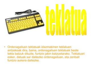 Ordenagailuen teklatuak idazmakinen teklatuen antzekoak dira, baina, ordenagailuen teklatuek beste tekla batzuk dituzte, funtzio jakin batzuetarako. Teklatuari esker, datuak sar daitezke ordenagailuan, eta zenbait funtzio aukera daitezke.   teklatua 