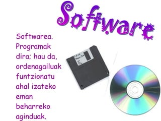 Softwarea. Programak dira; hau da, ordenagailuak funtzionatu ahal izateko eman beharreko aginduak.  Software 