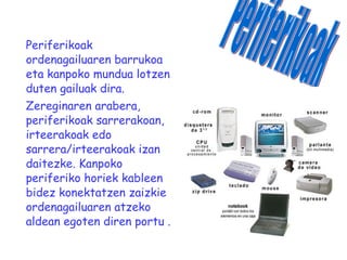 Periferikoak ordenagailuaren barrukoa eta kanpoko mundua lotzen duten gailuak dira. Zereginaren arabera, periferikoak sarrerakoan, irteerakoak edo sarrera/irteerakoak izan daitezke. Kanpoko periferiko horiek kableen bidez konektatzen zaizkie ordenagailuaren atzeko aldean egoten diren portu . Periferikoak 