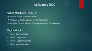 Após anos 2000
Ordem Mundial: Uni-Multipolar:
 Estados Unidos (Superpotência)
 Países da União Europeia e Japão (Potências)
 Austrália, Canadá e Países Emergentes (Potências Menores)
Regionalização:
• Países Desenvolvidos
• Países Emergentes
• Países Subdesenvolvidos
• Países Marginalizados
 
