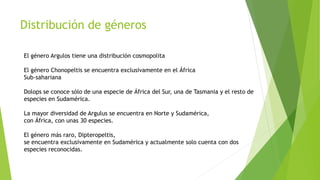 Distribución de géneros
El género Argulos tiene una distribución cosmopolita
El género Chonopeltis se encuentra exclusivamente en el África
Sub-sahariana
Dolops se conoce sólo de una especie de África del Sur, una de Tasmania y el resto de
especies en Sudamérica.
La mayor diversidad de Argulus se encuentra en Norte y Sudamérica,
con África, con unas 30 especies.
El género más raro, Dipteropeltis,
se encuentra exclusivamente en Sudamérica y actualmente solo cuenta con dos
especies reconocidas.
 