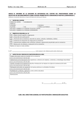 Sevilla, 3 de mayo 2011 BOJA núm. 85 Página núm. 21 
ANEXO VI. INFORME DE LA ASESORÍA DE REFERENCIA DEL CENTRO DEL PROFESORADO SOBRE LA 
SOLICITUD DE RECONOCIMIENTO COMO CENTRO PROMOTOR DE CONVIVENCIA POSITIVA (CONVIVENCIA+) 
(Utilización únicamente electrónica a través del Sistema de Información Séneca) 
1 DATOS DEL CENTRO 
CÓDIGO DEL CENTRO DENOMINACIÓN 
DOMICILIO 
LOCALIDAD PROVINCIA C. POSTAL 
TELÉFONO FAX CORREO ELECTRÓNICO 
APELLIDOS Y NOMBRE DE LA PERSONA TITULAR DEL CENTRO DNI 
APELLIDOS Y NOMBRE DE LA PERSONA COORDINADORA DNI 
2 ÁMBITOS DE MEJORA (art. 6) 
a. Mejora desde la gestión y organización 
b. Desarrollo de la participación 
c. Promoción de la convivencia: desarrollo de valores, actitudes, habilidades y hábitos 
d. Prevención de situaciones de riesgo para la convivencia 
e. Intervenciones paliativas ante conductas contrarias o gravemente perjudiciales para la convivencia 
f. Reeducación de actitudes y restauración de la convivencia 
Objetivo de mejora en estos ámbitos: 
D./Dª. ________________________________ como asesor/a de referencia del centro informa de: 
3 ASPECTOS DEL PROCESO DE PARTICIPACIÓN EN LA RED 
Progreso del propio centro en el ámbito de la convivencia 
0 1 2 3 4 5 6 7 8 9 10 
Calidad técnica de la descripción de la experiencia: coherencia de objetivos, contenidos y metodología desarrollada 
0 1 2 3 4 5 6 7 8 9 10 
Carácter innovador de la experiencia descrita e introducción de mejoras en el plan de convivencia del centro 
0 1 2 3 4 5 6 7 8 9 10 
Participación del centro con exposición de buenas prácticas en actividades formativas 
0 1 2 3 4 5 6 7 8 9 10 
Posibilidad de su difusión y aplicación a otros centros educativos 
0 1 2 3 4 5 6 7 8 9 10 
Observaciones: 
En ___________a___de ________ de 20__ 
ILMA. SRA. DIRECTORA GENERAL DE PARTICIPACIÓN E INNOVACIÓN EDUCATIVA 
 
