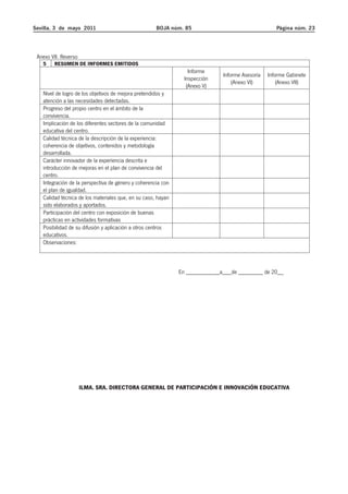Sevilla, 3 de mayo 2011 BOJA núm. 85 Página núm. 23 
Anexo VII. Reverso 
5 RESUMEN DE INFORMES EMITIDOS 
Informe 
Inspección 
(Anexo V) 
Informe Asesoría 
(Anexo VI) 
Informe Gabinete 
(Anexo VII) 
Nivel de logro de los objetivos de mejora pretendidos y 
atención a las necesidades detectadas. 
Progreso del propio centro en el ámbito de la 
convivencia. 
Implicación de los diferentes sectores de la comunidad 
educativa del centro. 
Calidad técnica de la descripción de la experiencia: 
coherencia de objetivos, contenidos y metodología 
desarrollada. 
Carácter innovador de la experiencia descrita e 
introducción de mejoras en el plan de convivencia del 
centro. 
Integración de la perspectiva de género y coherencia con 
el plan de igualdad. 
Calidad técnica de los materiales que, en su caso, hayan 
sido elaborados y aportados. 
Participación del centro con exposición de buenas 
prácticas en actividades formativas 
Posibilidad de su difusión y aplicación a otros centros 
educativos. 
Observaciones: 
En ___________a___de ________ de 20__ 
ILMA. SRA. DIRECTORA GENERAL DE PARTICIPACIÓN E INNOVACIÓN EDUCATIVA 
 