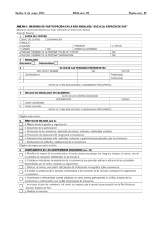 Sevilla, 3 de mayo 2011 BOJA núm. 85 Página núm. 15 
ANEXO II. MEMORIA DE PARTICIPACIÓN EN LA RED ANDALUZA “ESCUELA: ESPACIO DE PAZ” 
(Utilización únicamente electrónica a través del Sistema de Información Séneca) 
Anexo II. Anverso 
1 DATOS DEL CENTRO 
CÓDIGO DEL CENTRO DENOMINACIÓN 
DOMICILIO 
LOCALIDAD PROVINCIA C. POSTAL 
TELÉFONO FAX CORREO ELECTRÓNICO 
APELLIDOS Y NOMBRE DE LA PERSONA TITULAR DEL CENTRO DNI 
APELLIDOS Y NOMBRE DE LA PERSONA COORDINADORA DNI 
2 MODALIDAD 
Unicentro Intercentros 
3 DATOS DE LAS PERSONAS PARTICIPANTES 
APELLIDOS Y NOMBRE DNI SECTOR 
1 Coordinador/a Profesorado 
2 Profesorado 
... 
DATOS DE OTRAS ASOCIACIONES U ORGANISMOS PARTICIPANTES 
1 
4 EN CASO DE MODALIDAD INTERCENTROS 
DATOS DE LOS CENTROS ASOCIADOS 
DENOMINACIÓN CÓDIGO 
1 Centro coordinador 
2 Centro asociado 
DATOS DE OTRAS ASOCIACIONES U ORGANISMOS PARTICIPANTES 
Objetivo intercentros: 
5 ÁMBITOS DE MEJORA (art. 6) 
a. Mejora desde la gestión y organización 
b. Desarrollo de la participación 
c. Promoción de la convivencia: desarrollo de valores, actitudes, habilidades y hábitos 
d. Prevención de situaciones de riesgo para la convivencia 
e. Intervenciones paliativas ante conductas contrarias o gravemente perjudiciales para la convivencia 
f. Reeducación de actitudes y restauración de la convivencia 
Objetivo de mejora en estos ámbitos: 
6 CUMPLIMIENTO DE LOS COMPROMISOS ADQUIRIDOS (art. 14) 
a. Planificar la mejora de la convivencia en el centro desde una perspectiva integral y trabajar, al menos, uno de 
los ámbitos de actuación establecidos en el artículo 6. 
b. Establecer indicadores de evaluación de la convivencia que permitan valorar la eficacia de las actividades 
desarrolladas por el centro y realizar su seguimiento. 
c. Dedicar, al menos, una sesión del Claustro de Profesorado monográfica sobre convivencia. 
d. Facilitar la asistencia de la persona coordinadora a las reuniones de la Red que convoquen los organismos 
competentes. 
e. Coordinarse e intercambiar buenas prácticas con otros centros participantes en la Red, a través de los 
mecanismos e instrumentos que facilite la Consejería de Educación. 
f. Incorporar al plan de convivencia del centro las mejoras que le aporte su participación en la Red Andaluza 
“Escuela: Espacio de Paz”. 
g. Realizar la memoria. 
 